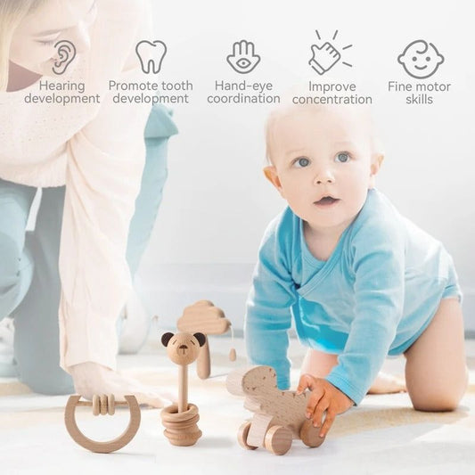 Montessori Natural Wooden Baby Toy Set - Educational Rattles and Rolling Toys - OFunBuds